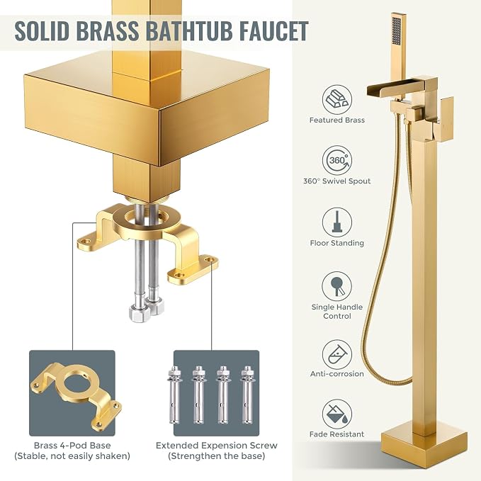 Freestanding Tub Faucet Brushed Gold: ALEASHA High Flow Max 6.74 GPM Free - Image 7
