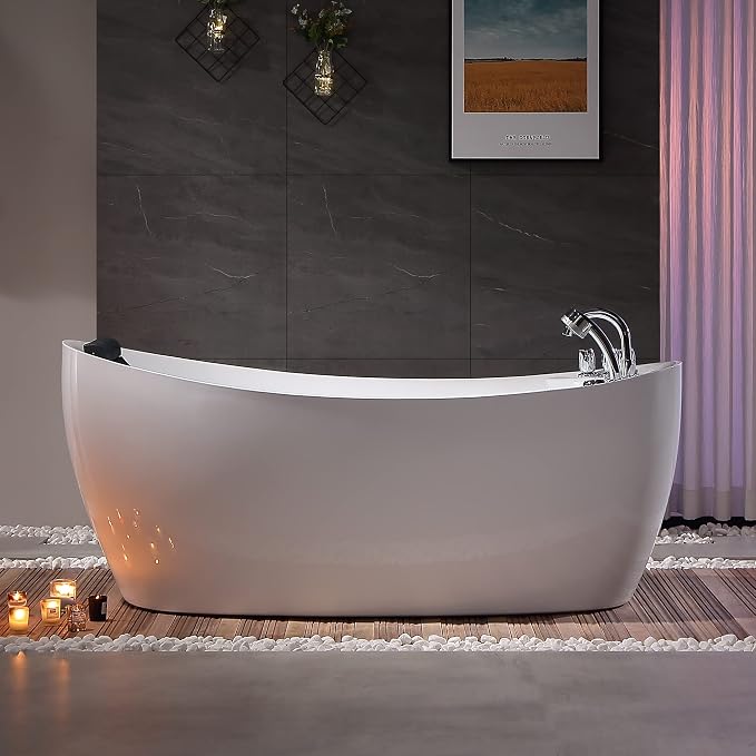 67 in. Acrylic Freestanding Bath Tub Hydromassage Gracefully Oval Shaped 7 - Image 5