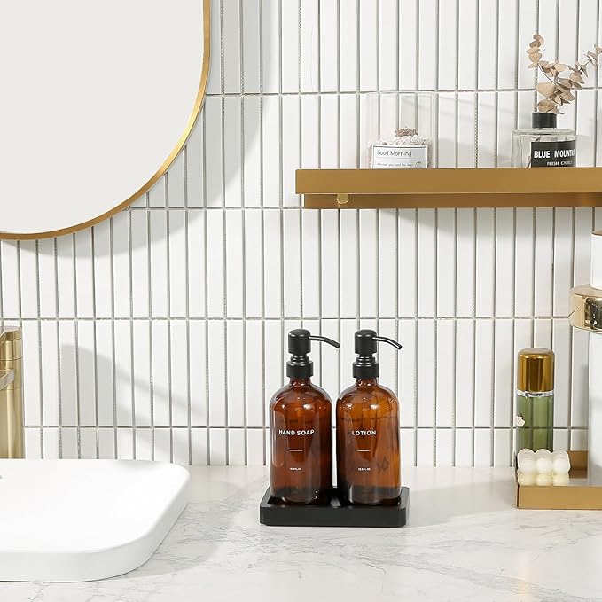Amber Glass Soap Dispenser Set, Hand Soap and Lotion Set - Image 2