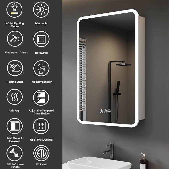 Medicine Cabinet with LED Lights and Mirror, 24 x 30 Inch Surface or Recessed - Image 3