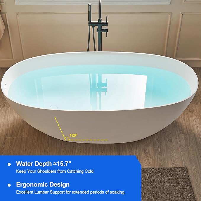 Cpingao 55" Stone Resin Freestanding Bathtub, Oval Contemporary Soaking Tubs - Image 4