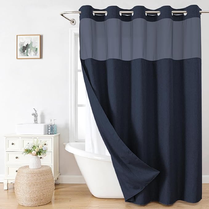 Extra Long No Hooks Needed Linen Textured Shower Curtain by EACHOPE