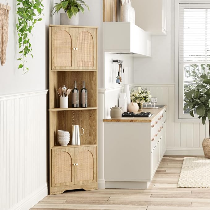 67''H Tall Corner Cabinet with Handmade Rattan Door, Rattan Storage Cabinet - Image 4