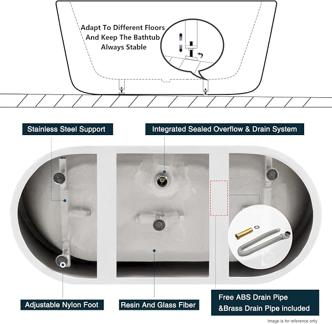 FerdY Bali 67" Acrylic Freestanding Bathtub, Ergonomic Lightweight Classic Oval - Image 6