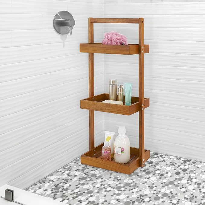 Utoplike Teak Shower Caddy Corner, 3 Tier Standing Shower Organizer Shelf - Image 8