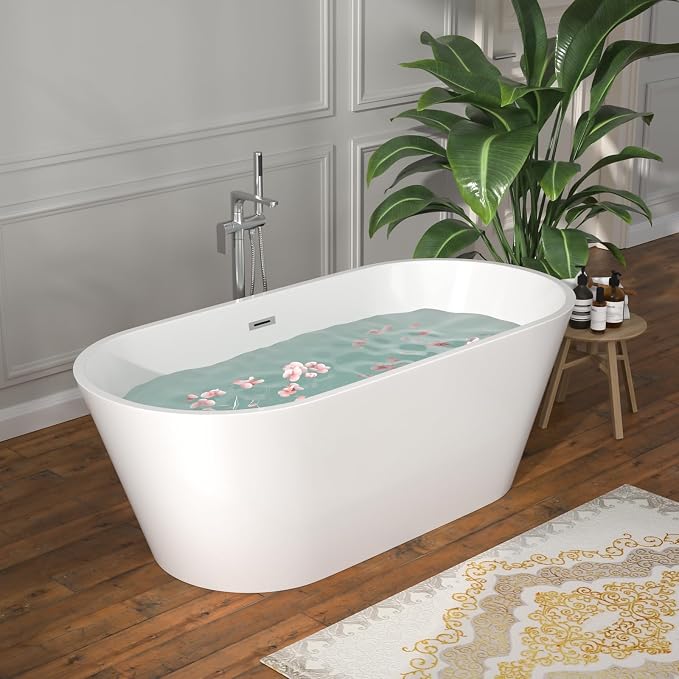 63 Inch Freestanding Bathtub White Acrylic Roll Top Soaking Tub - Image 3