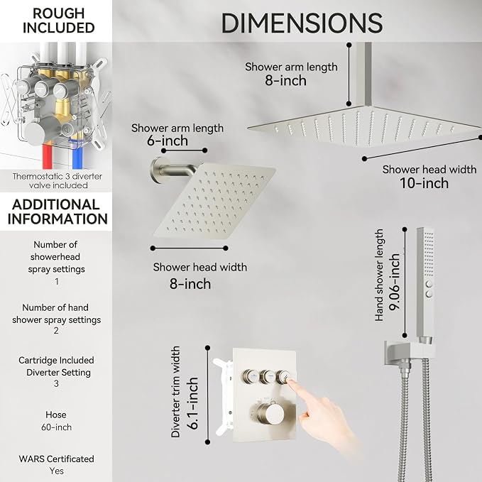 Thermostatic Shower Systems Brushed Nickel Shower Faucets Sets, STARBATH 12+ 8" - Image 5