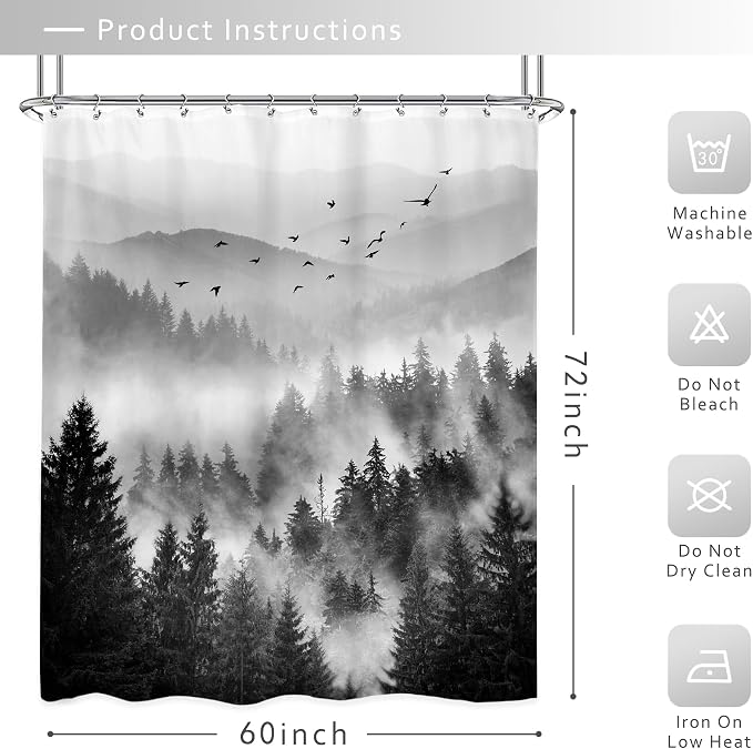 Riyidecor Mountain Shower Curtain 60Wx72H Inch Black Pine Tree Nature Scenery - Image 3