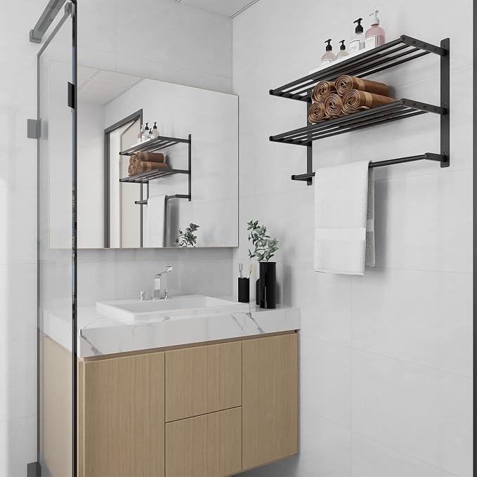 Hotel Towel Rack with 3-Tier Shelf, 24 Inch Wall Mounted Bathroom Bar, Matte - Image 2