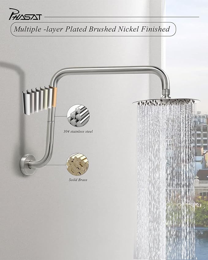 PHASAT S Shaped Shower Arm, Shower Arm Extension Brushed Nickel, High Rise - Image 3