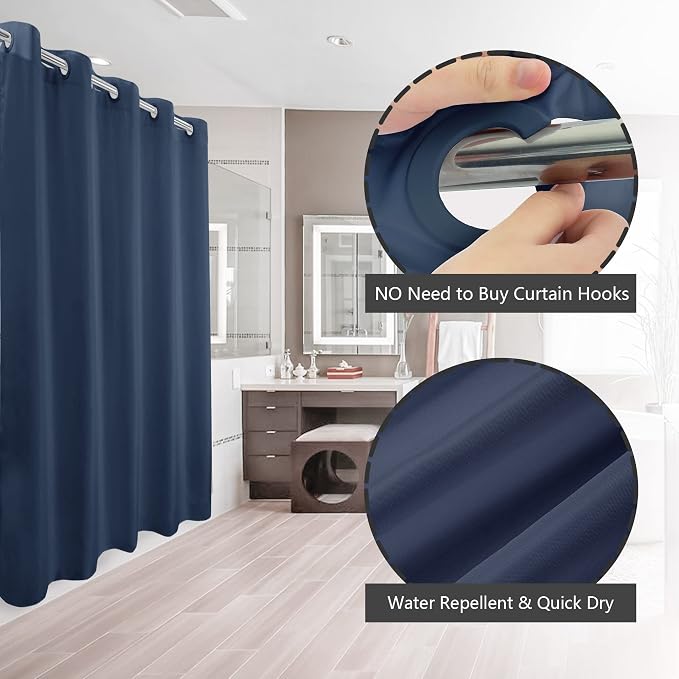 River Dream No Hook Hotel Cloth Navy Blue Shower Curtain Soft Microfiber & - Image 2