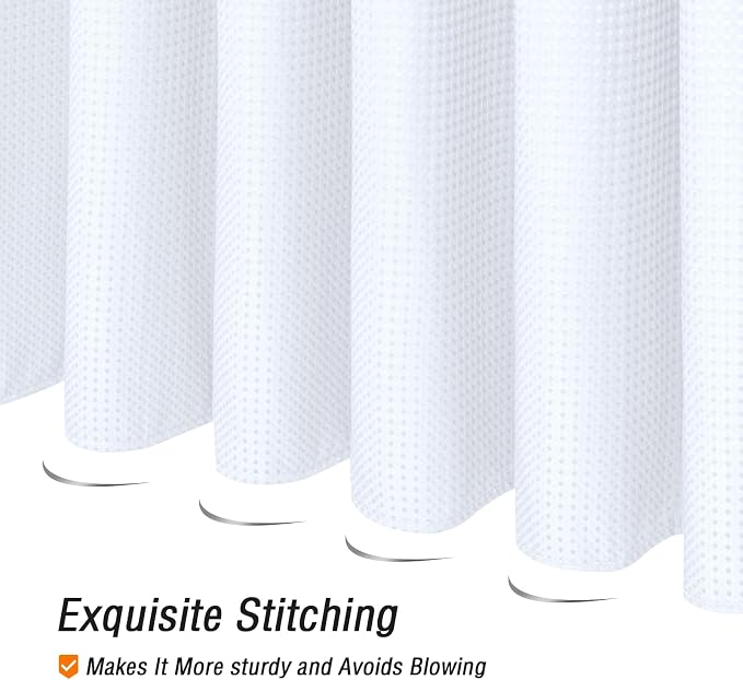 Gibelle White Shower Curtain, Waffle Weave Textured Fabric Shower Curtain - Image 5