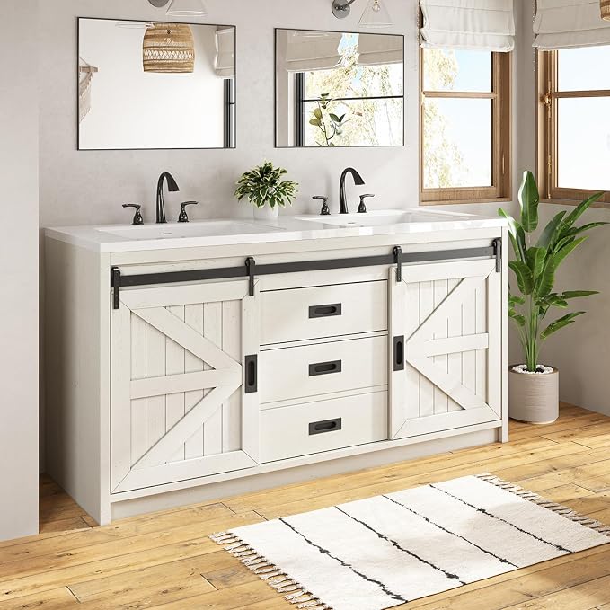 60" Farmhouse Sliding Barn Door Double Vanity by LUXOAKAddMoreStyletoHome