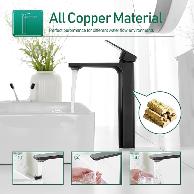 VOTON Vessel Sink Faucet Matte Black Tall Bathroom Faucet Single Handle Vanity - Image 3
