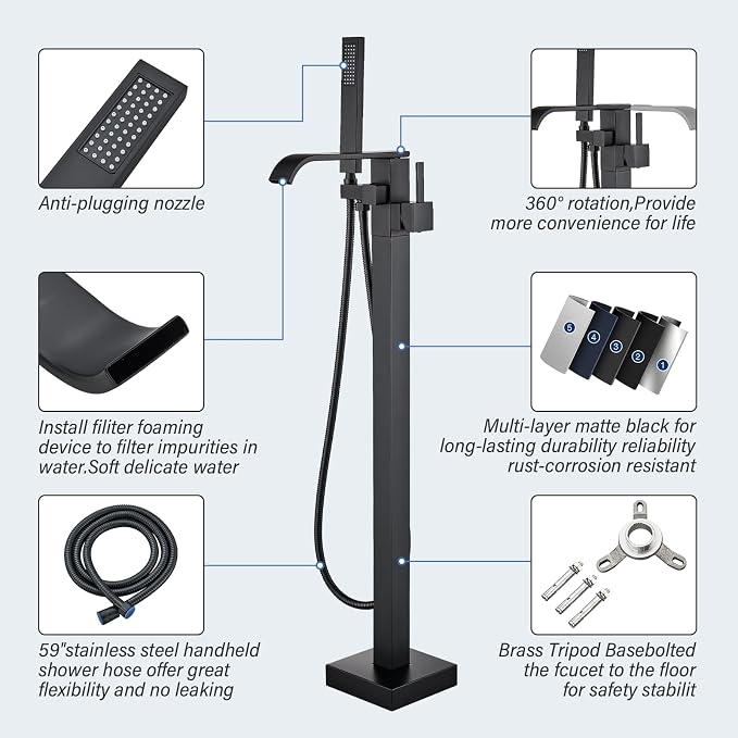Freestanding Bathtub Faucet Matte Black Floor Mounted Tub Filler - Image 7