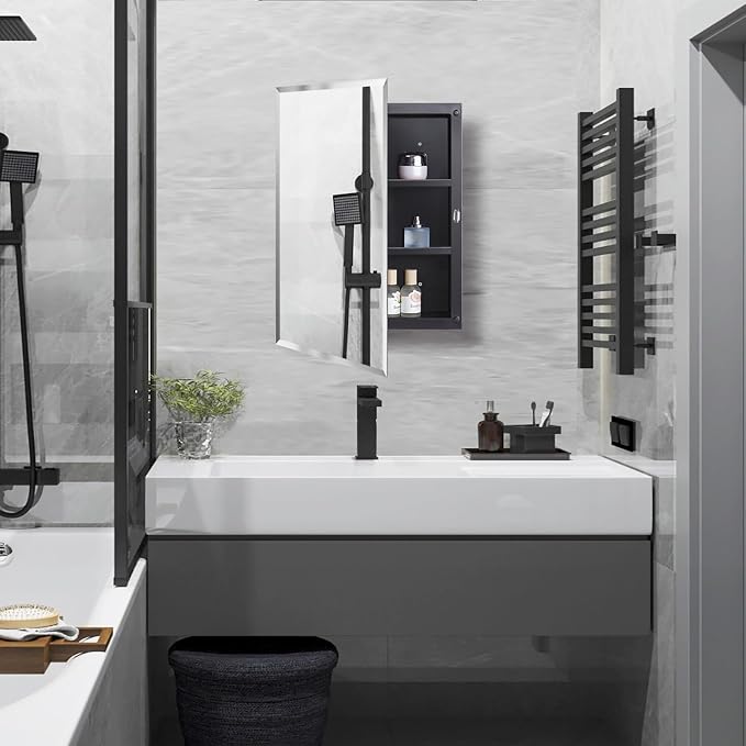 Black Plastic Bathroom Medicine Mirror Cabinet 16 x 22 inch, Surface and - Image 2