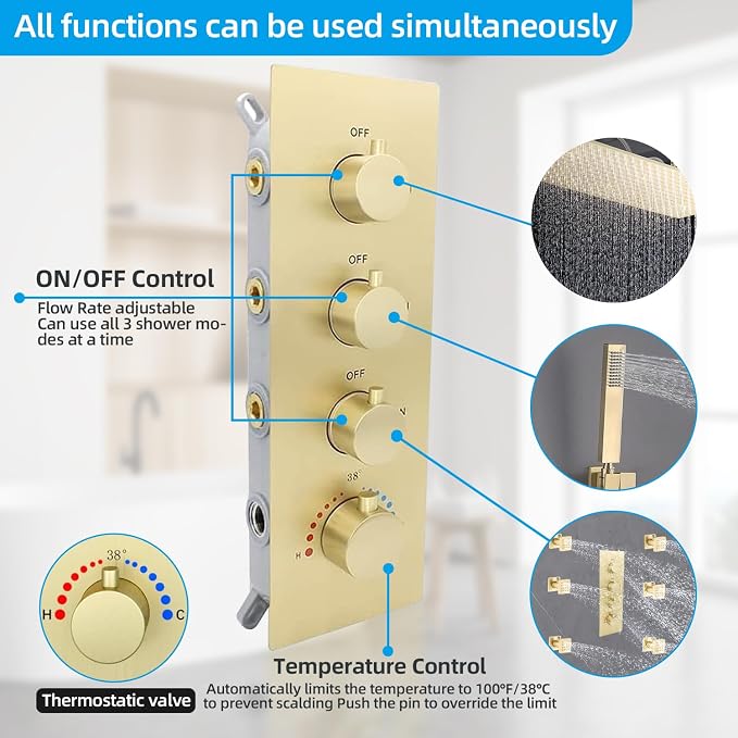 Brushed Gold Rain Shower System Thermostatic Bathroom Faucet Set 16X32 Inch - Image 2