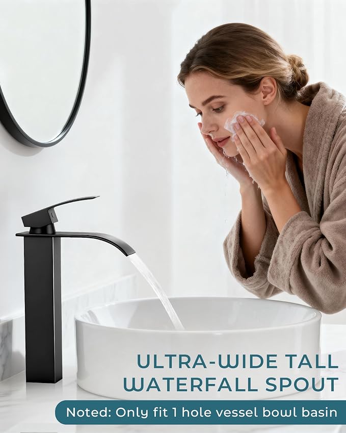 LIFG Matte Black Vessel Sink Faucet, Tall Waterfall Bathroom Faucet, Single - Image 3