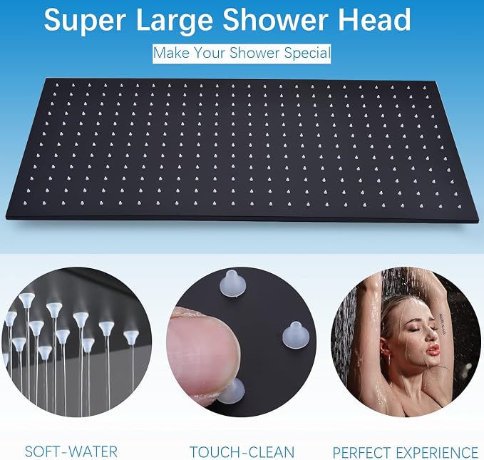 Matte Black Shower System 16 Inches Ceiling Mount Full Body Shower Faucet Set - Image 7