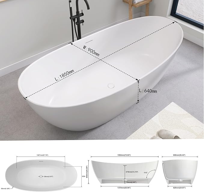 SJ STAR&JANE 73" Solid Surface Freestanding Bathtub Stone Resin Tub Oval Double - Image 8
