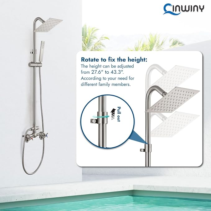 Wall Mounted Outdoor Shower Set Brushed Nickel 6 Inch Square Rainfall Shower - Image 3