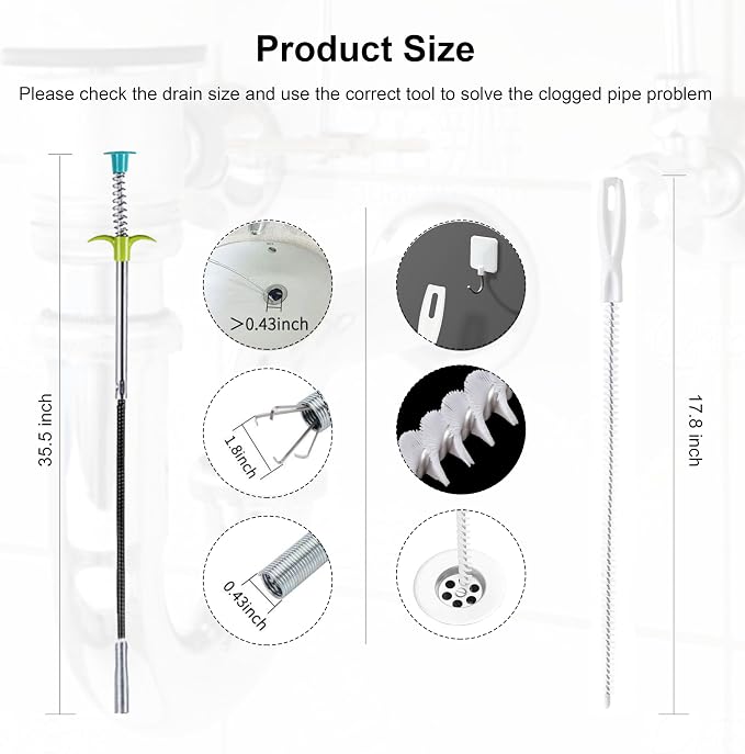 35.5inch Flexible Hair Drain Clog Remover Tool, 17.8inch Cleaning Brush - Image 6