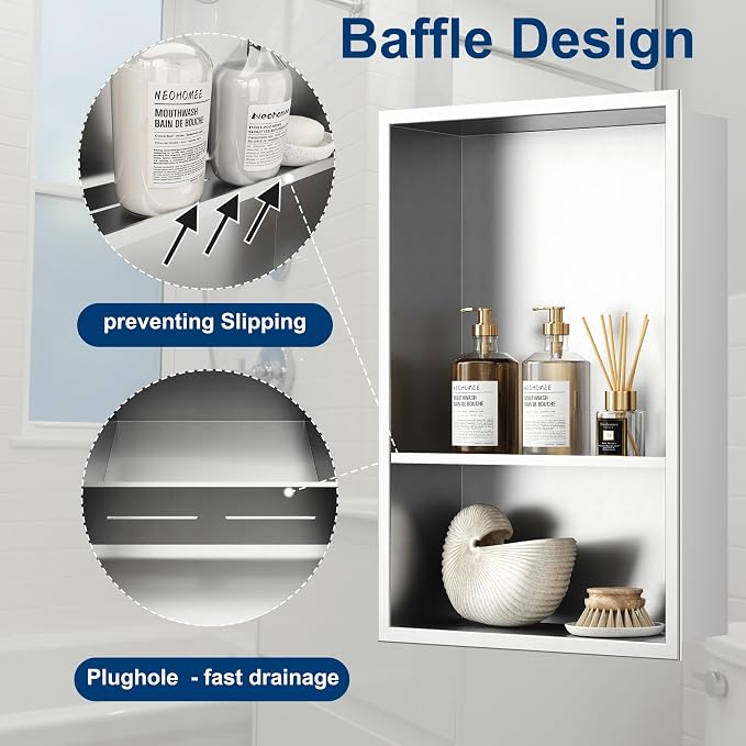 Neodrain 12X18 Inch Brushed Shower Niche, Double Shelf Stainless Steel No Tile - Image 5