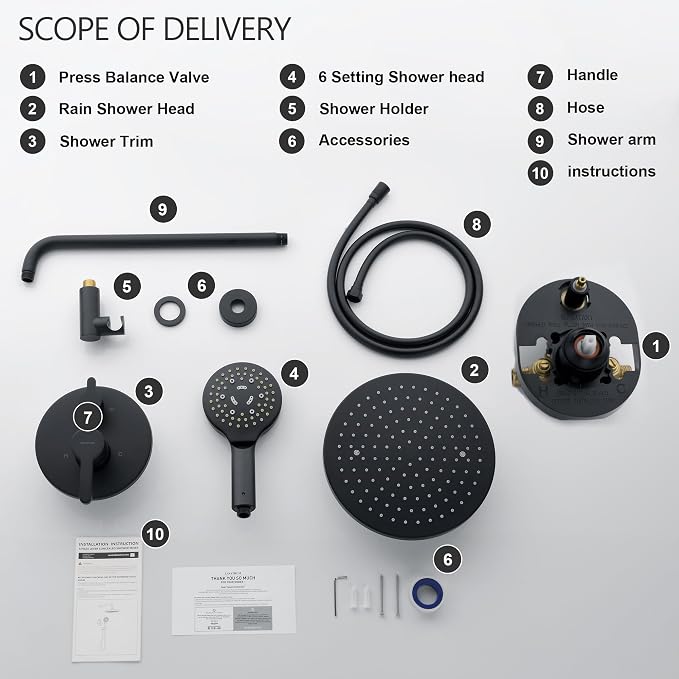 Matte Black Shower Faucet Set, Wall Mount Rain Shower System 10 Inches Shower - Image 7