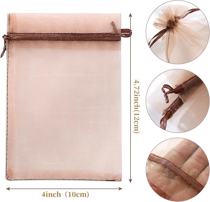 Hopttreely 100pcs Organza Bags, Light Brown 4''x4.72'' Satin Drawstring Organza - Image 3