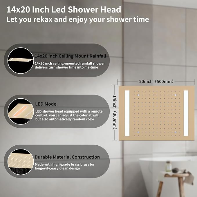 Bathroom shower system Ceiling 14x20 inch shower head, spray - Image 2