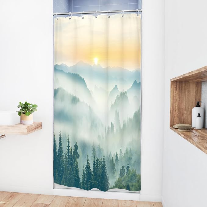 Riyidecor Small Stall Mountain Shower Curtain 36Wx72H Inch RV Narrow Green - Image 3