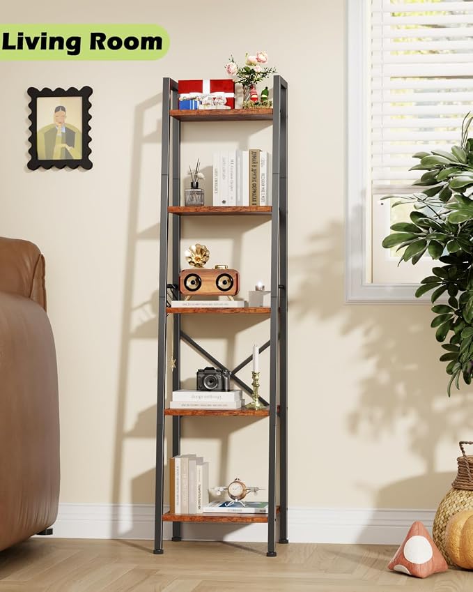 Furologee 5 Tier Ladder Shelf Bookcase, Tall Narrow Bookshelf - Image 5