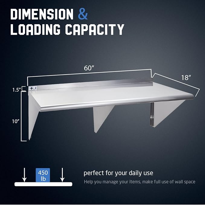 Profeeshaw NSF Stainless Steel Shelf 18” x 60”, 450 lb Commercial Shelves Wall - Image 3