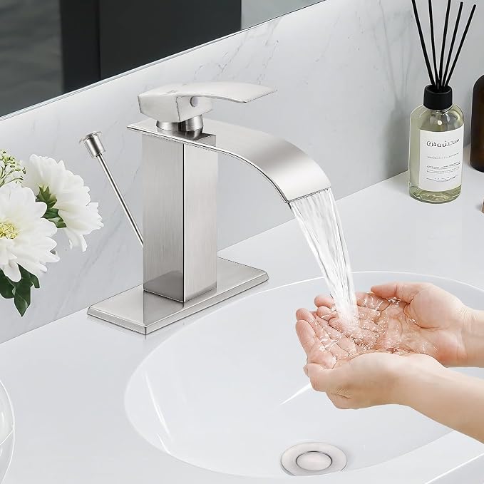 Bathroom Faucets with Lift Rod Drain Brushed Nickel Waterfall Bathroom Sink - Image 6