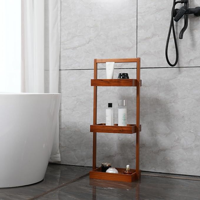 Utoplike Teak Shower Caddy Corner, 3 Tier Standing Shower Organizer Shelf - Image 4