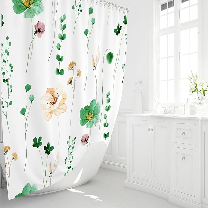 Gibelle Watercolor Floral Shower Curtain, Emerald Green Beige Flower Shower - Image 2