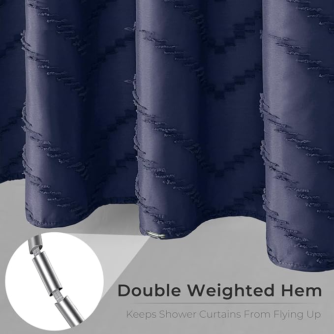 Navy Blue Fabric Shower Curtain Boho Tufted Chevron Striped Textured Cloth - Image 5