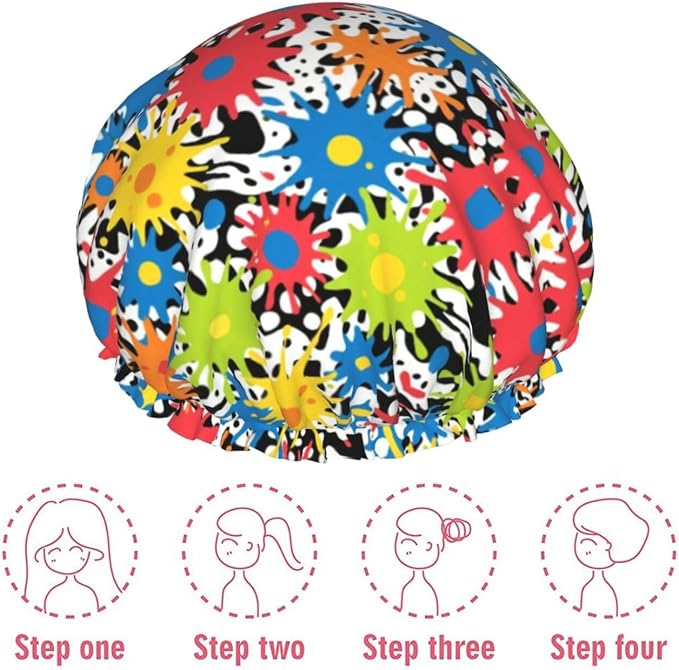 Double Layers Shower Caps for Women Girl, Colorful Splatter Color Art Bathing - Image 7