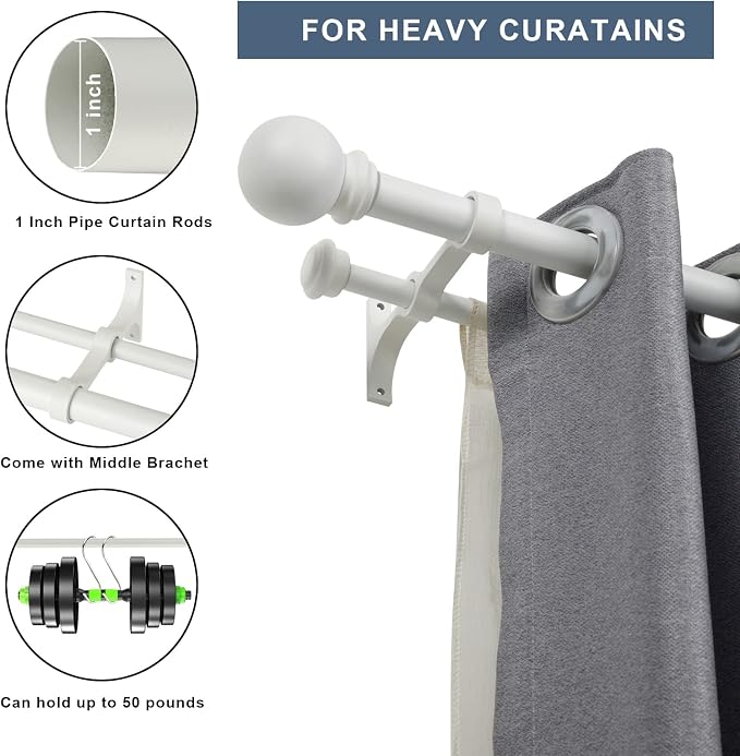 Double Curtain Rod 48 to 84 inch, Adjustable 1 inch Double Drapery Rod Rods - Image 2