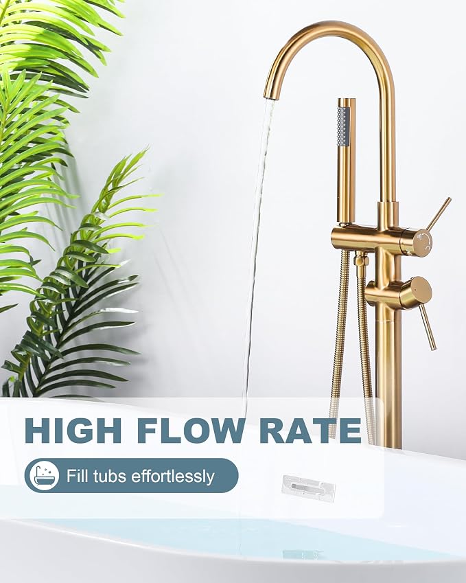 Freestanding Bathtub Faucet Brushed Gold, Floor Mount Tub Filler, High Flow - Image 3