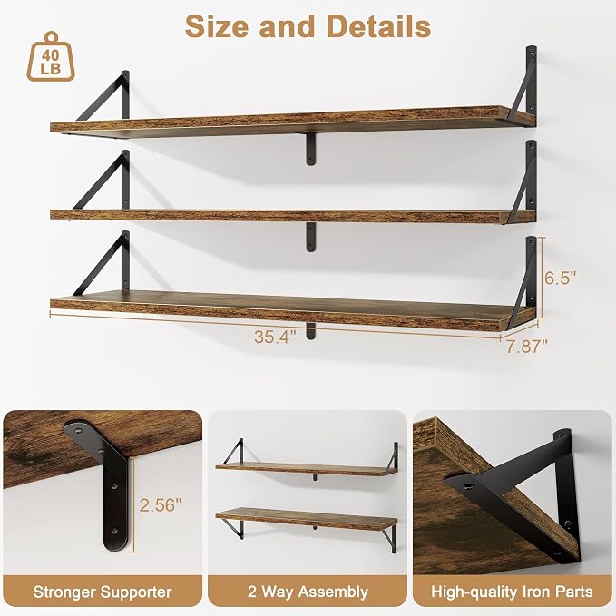 Fun Memories Floating Shelves for Wall, 36 Inches Long Set of 3 Wall Shelves - Image 3