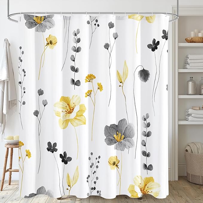 Gibelle Yellow and Grey Floral Shower Curtain, Watercolor Flower Shower Curtain by Gibelle