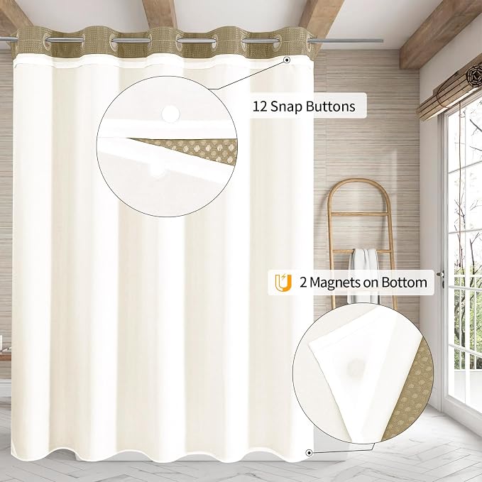 MitoVilla No Hooks Needed Beige Waffle Shower Curtain Liner Set, Modern Waffle - Image 2
