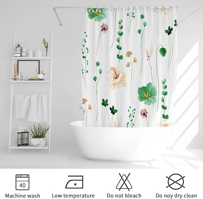 Gibelle Watercolor Floral Shower Curtain, Emerald Green Beige Flower Shower - Image 6