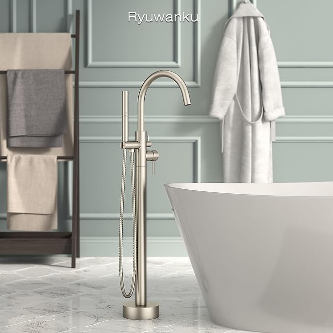 Freestanding Bathtub Faucet Brushed Nickel Tub Filler Floor Mount Free Standing - Image 2