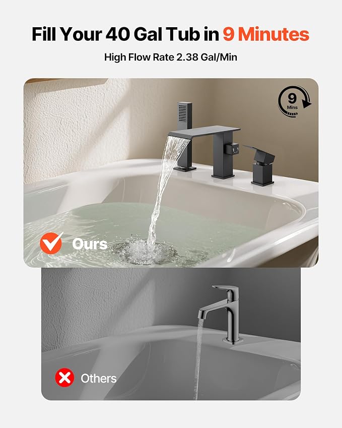 VEVOR Roman Tub Faucet, 3 Hole Waterfall Bathtub Faucet, Roman Bathtub Faucets - Image 2