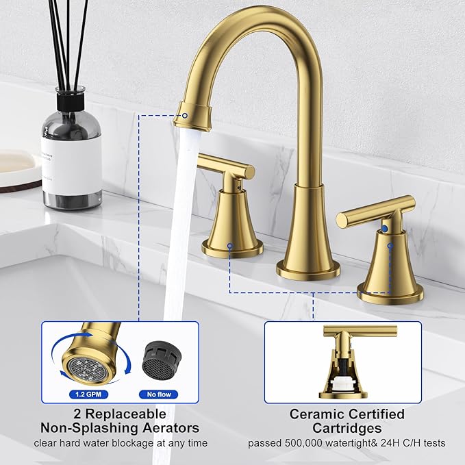 Bathroom Faucets for Sink 3 Hole, Hurran Brushed Gold Bathroom Sink Faucet - Image 5