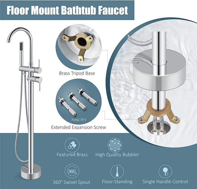 Aolemi Floor Mount Bathtub Faucet Freestanding Tub Filler Standing High Flow - Image 6