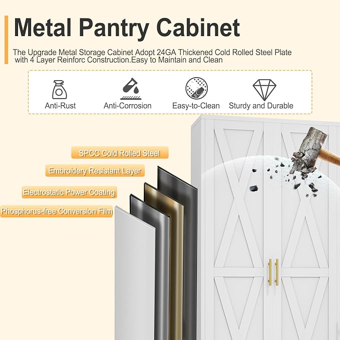 71" H Metal Kitchen Pantry Storage Cabinet, Freestanding Cupboard - Image 5