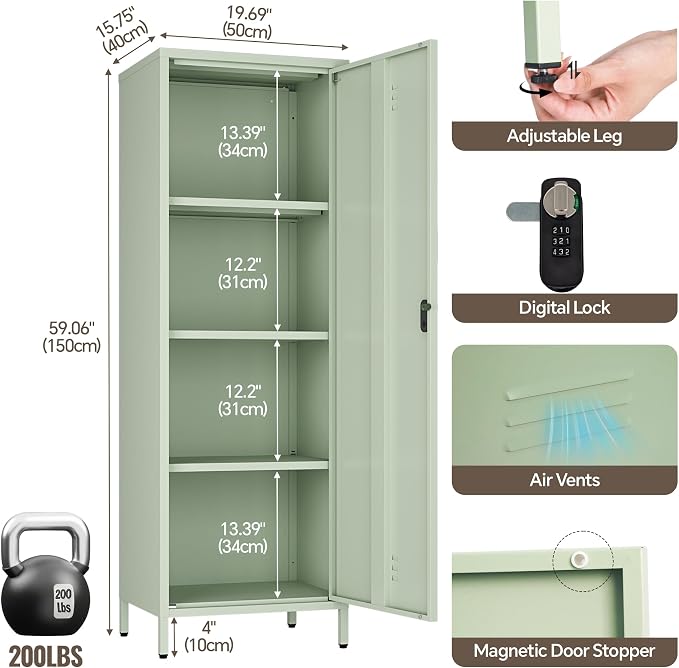 Locker Cabinet, 59.06" H Green Metal Locker Storage Cabinet - Image 3